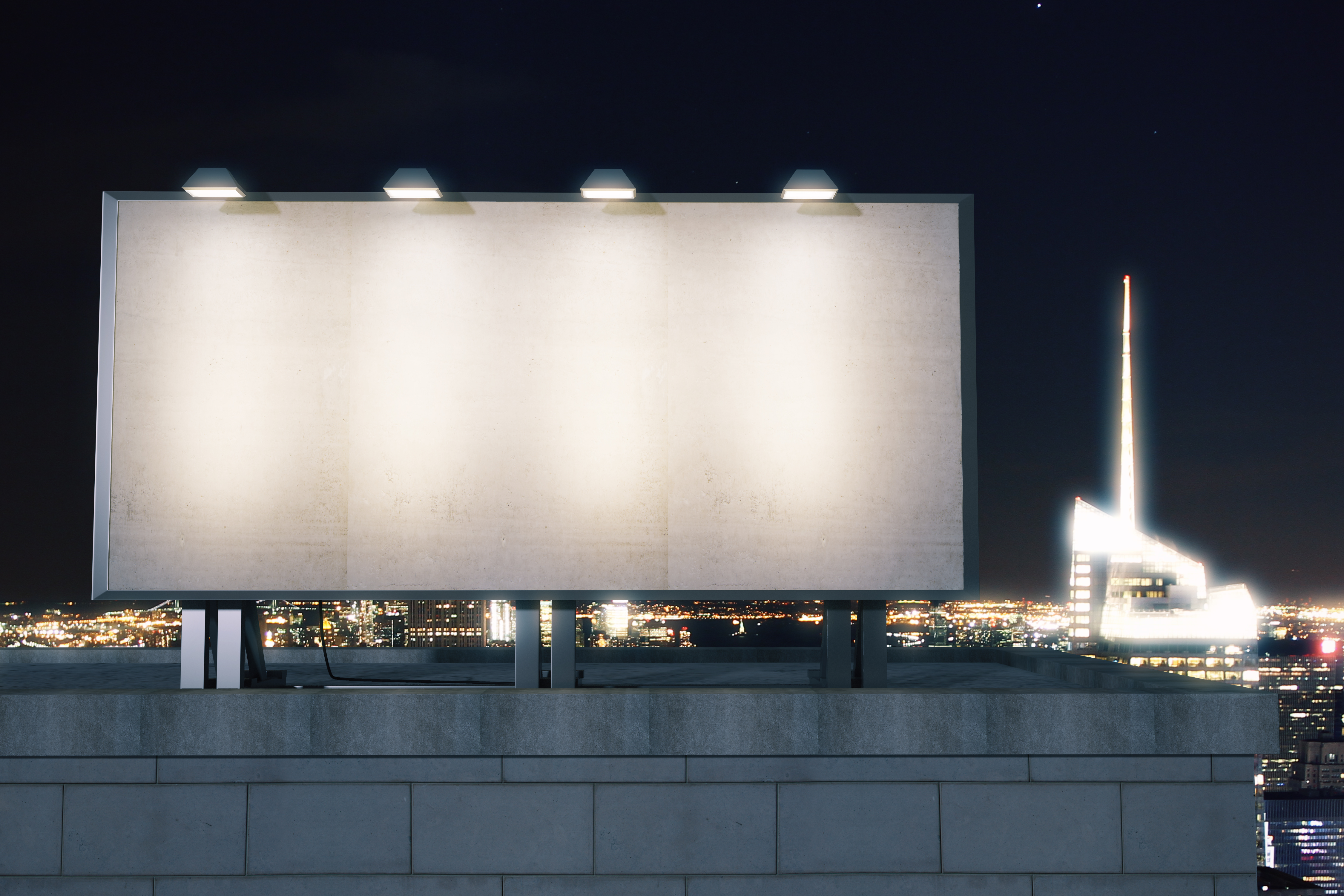Big empty billboard on the background of the city