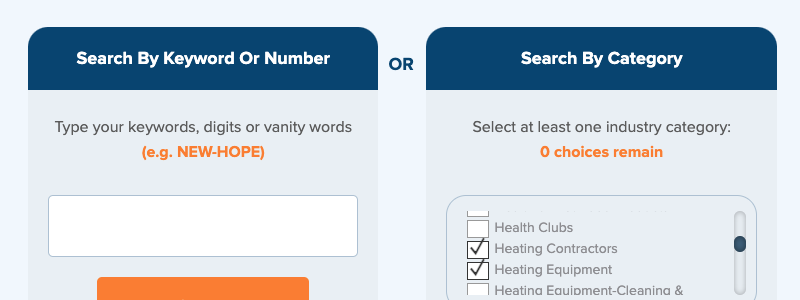 vanity number search results for HVAC related categories